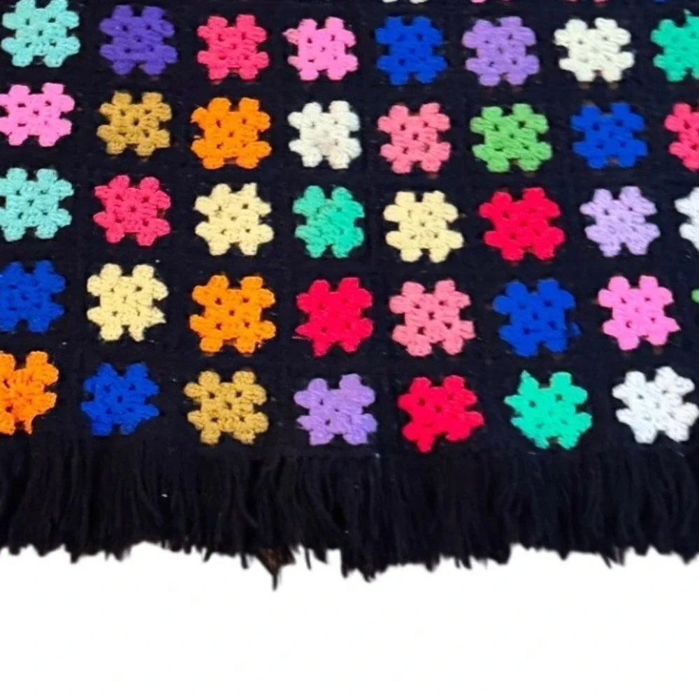 Crochet Granny‎ Square Blanket Multi Color Fringe Boho Throw 60